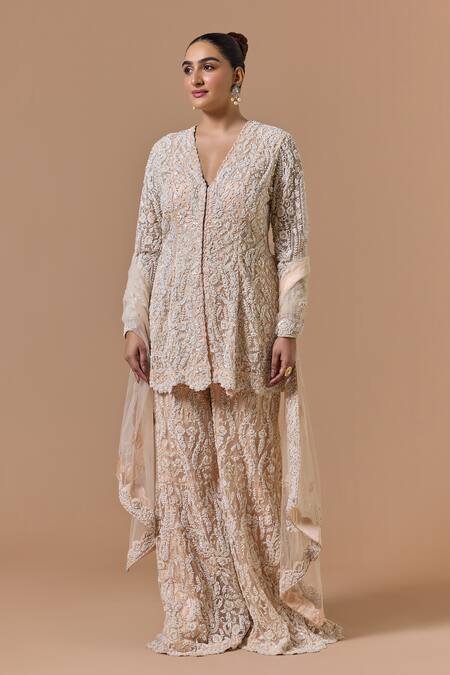 Shop Nitika Gujral Blush Net, Satin Beads, Sequins, Crystals, Zari, Pink Dori Kurta Sharara Set Online at Aza Fashions Shop_Nitika Gujral_Blush Net, Satin Beads, Sequins, Crystals, Zari, Pink Dori Kurta Sharara Set _Online_at_Aza_Fashions