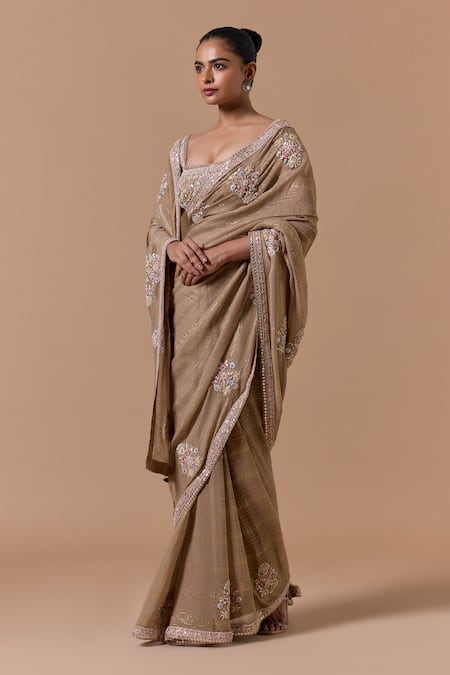 Nitika Gujral Beige Chiffon, Satin, Shantoon Embroidery, Floral Pattern Saree With Blouse Online at Aza Fashions Nitika Gujral_Beige Chiffon, Satin, Shantoon Embroidery, Floral Pattern Saree With Blouse _Online_at_Aza_Fashions
