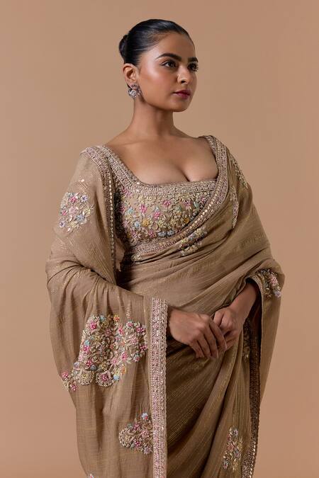 Shop Nitika Gujral Beige Chiffon, Satin, Shantoon Embroidery, Floral Pattern Saree With Blouse Online at Aza Fashions Shop_Nitika Gujral_Beige Chiffon, Satin, Shantoon Embroidery, Floral Pattern Saree With Blouse _Online_at_Aza_Fashions