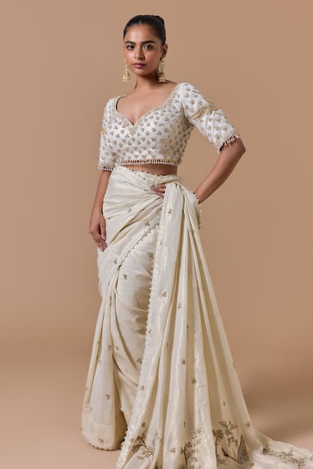 Nitika Gujral Cream Georgette, Lurex, Satin, Shantoon, Organza, Chiffon Saree With Blouse Online at Aza Fashions Nitika Gujral_Cream Georgette, Lurex, Satin, Shantoon, Organza, Chiffon Saree With Blouse _Online_at_Aza_Fashions