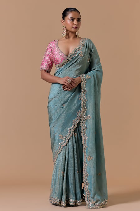 Nitika Gujral Scallop Border Saree With Brocade Blouse 