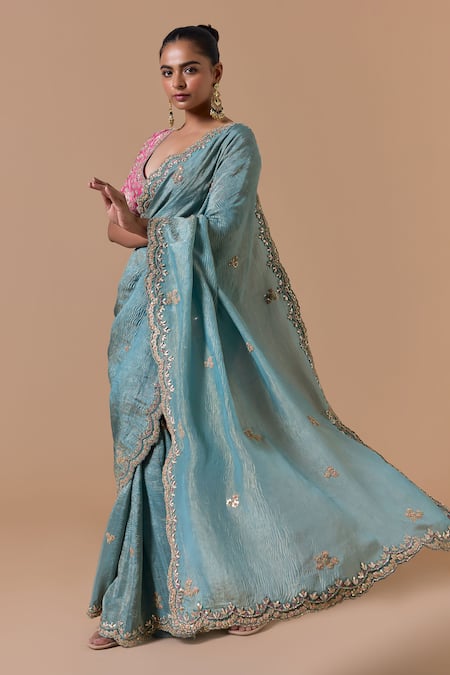 Nitika Gujral Aqua Tissue, Brocade, Shantoon Sequins, Scallop Border Saree With Blouse Online at Aza Fashions Nitika Gujral_Aqua Tissue, Brocade, Shantoon Sequins, Scallop Border Saree With Blouse _Online_at_Aza_Fashions