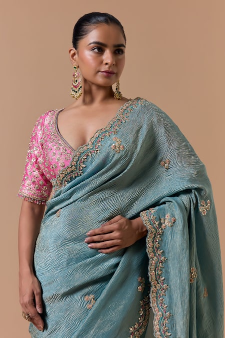 Buy Nitika Gujral Aqua Tissue, Brocade, Shantoon Sequins, Scallop Border Saree With Blouse Online at Aza Fashions Buy_Nitika Gujral_Aqua Tissue, Brocade, Shantoon Sequins, Scallop Border Saree With Blouse _Online_at_Aza_Fashions
