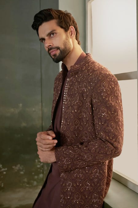 Buy Nitika Gujral Brown Silk, Cotton, Lycra Sequins, Resham Embroidered Sherwani Jacket Kurta Set Online at Aza Fashions Buy_Nitika Gujral_Brown Silk, Cotton, Lycra Sequins, Resham Embroidered Sherwani Jacket Kurta Set _Online_at_Aza_Fashions