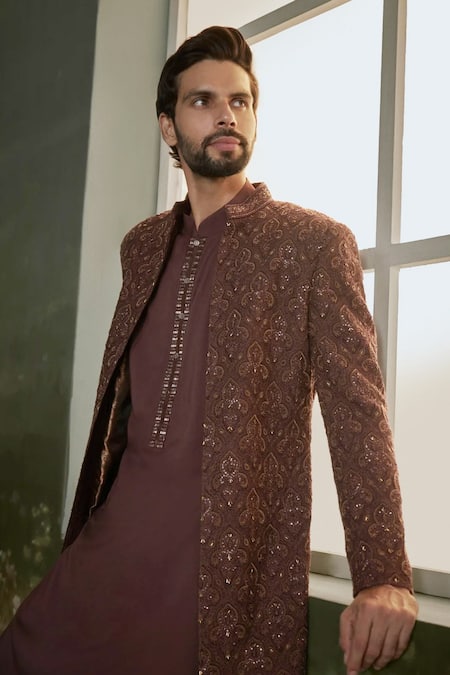 Shop Nitika Gujral Brown Silk, Cotton, Lycra Sequins, Resham Embroidered Sherwani Jacket Kurta Set Online at Aza Fashions Shop_Nitika Gujral_Brown Silk, Cotton, Lycra Sequins, Resham Embroidered Sherwani Jacket Kurta Set _Online_at_Aza_Fashions