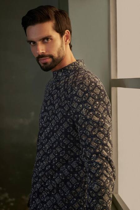 Nitika Gujral Navy Silk, Cotton, Lycra Beads, Crystals, Raw Sherwani Kurta Trouser Set Online at Aza Fashions Nitika Gujral_Navy Silk, Cotton, Lycra Beads, Crystals, Raw Sherwani Kurta Trouser Set _Online_at_Aza_Fashions