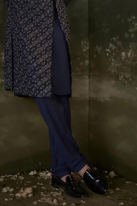 Buy Nitika Gujral Navy Silk, Cotton, Lycra Beads, Crystals, Raw Sherwani Kurta Trouser Set Online at Aza Fashions Buy_Nitika Gujral_Navy Silk, Cotton, Lycra Beads, Crystals, Raw Sherwani Kurta Trouser Set _Online_at_Aza_Fashions