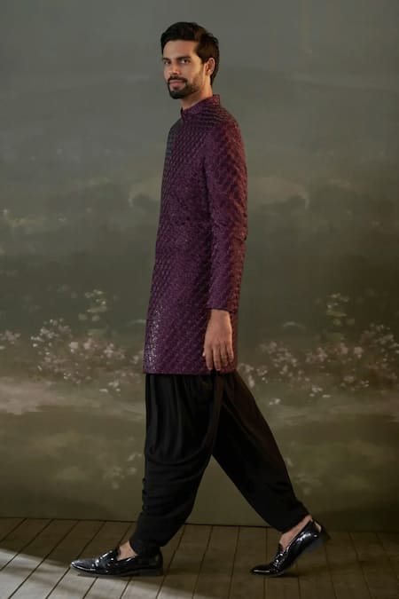 Nitika Gujral Purple Silk, Modal, Satin Embroidery, Beads Sherwani With Kurta And Salwar Online at Aza Fashions Nitika Gujral_Purple Silk, Modal, Satin Embroidery, Beads Sherwani With Kurta And Salwar _Online_at_Aza_Fashions