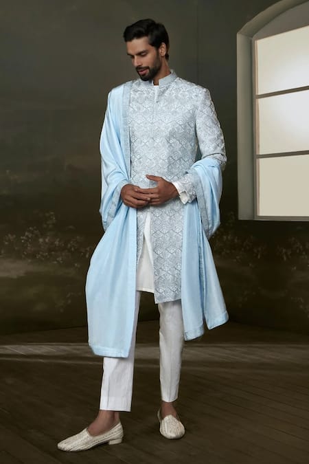Nitika Gujral Sky Blue Silk Embroidery, Beads, Crystals Resham And Beadwork Sherwani Set Online at Aza Fashions Nitika Gujral_Sky Blue Silk Embroidery, Beads, Crystals Resham And Beadwork Sherwani Set _Online_at_Aza_Fashions