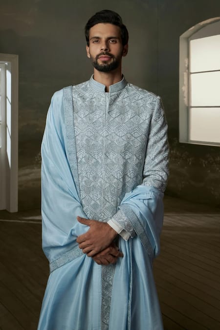 Buy Nitika Gujral Sky Blue Silk Embroidery, Beads, Crystals Resham And Beadwork Sherwani Set Online at Aza Fashions Buy_Nitika Gujral_Sky Blue Silk Embroidery, Beads, Crystals Resham And Beadwork Sherwani Set _Online_at_Aza_Fashions