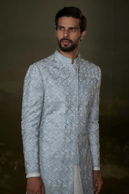 Shop Nitika Gujral Sky Blue Silk Embroidery, Beads, Crystals Resham And Beadwork Sherwani Set Online at Aza Fashions Shop_Nitika Gujral_Sky Blue Silk Embroidery, Beads, Crystals Resham And Beadwork Sherwani Set _Online_at_Aza_Fashions