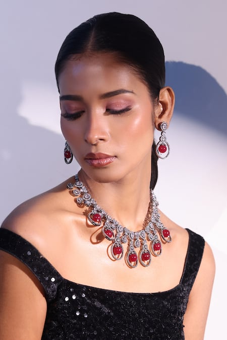 Zaza By Somya White Stones, Beads Lustrous Lane Embellished Necklace Set Online at Aza Fashions Zaza By Somya_White Stones, Beads Lustrous Lane Embellished Necklace Set _Online_at_Aza_Fashions