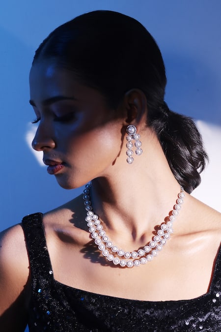 Zaza By Somya White Stones, Beads, Pearls Aurora Bits Embellished Earrings Online at Aza Fashions Zaza By Somya_White Stones, Beads, Pearls Aurora Bits Embellished Earrings _Online_at_Aza_Fashions