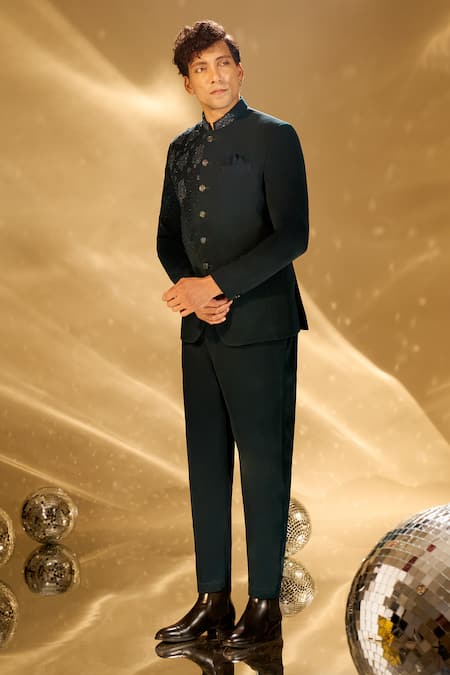 Shop Arihant Rai Sinha Green Polyester, Rayon Beads, Embroidery Beaded Bandhgala Online at Aza Fashions Shop_Arihant Rai Sinha_Green Polyester, Rayon Beads, Embroidery Beaded Bandhgala _Online_at_Aza_Fashions