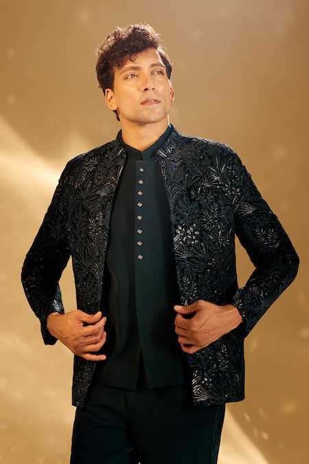 Shop Arihant Rai Sinha Green Silk Sequins, Embroidery Floral Bandhgala Set Shop_Arihant Rai Sinha_Green Silk Sequins, Embroidery Floral Bandhgala Set