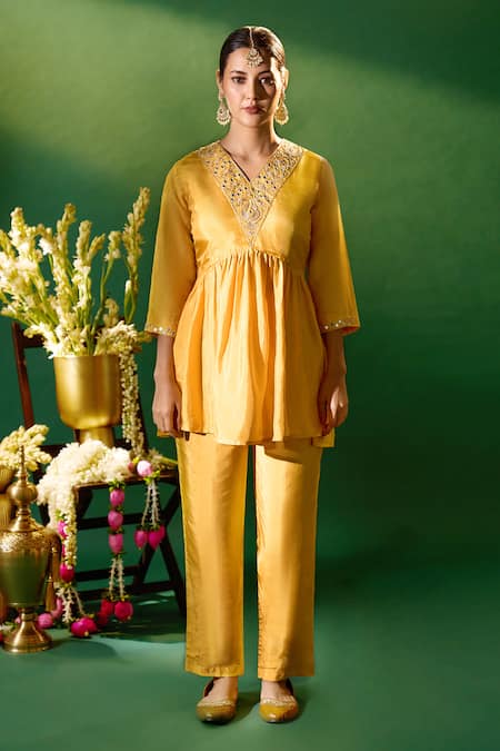 Samyukta Singhania Mustard Silk Embroidery, Mirrors V-neck Hand Tunic And Pant Set Online at Aza Fashions Samyukta Singhania_Mustard Silk Embroidery, Mirrors V-neck Hand Tunic And Pant Set _Online_at_Aza_Fashions
