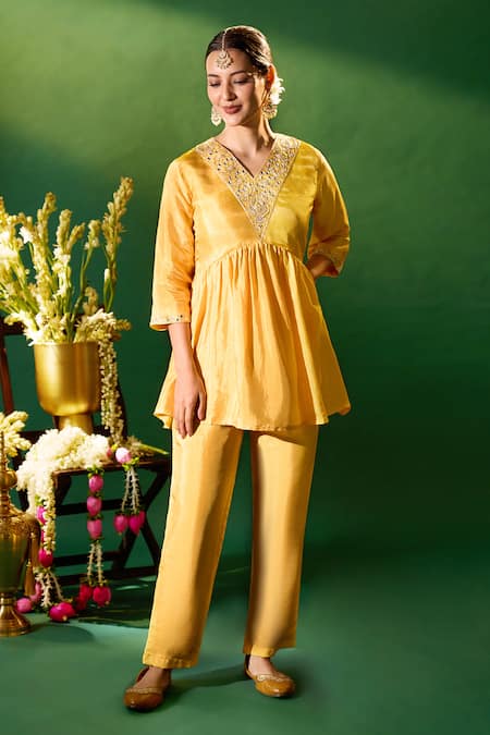 Shop Samyukta Singhania Mustard Silk Embroidery, Mirrors V-neck Hand Tunic And Pant Set Shop_Samyukta Singhania_Mustard Silk Embroidery, Mirrors V-neck Hand Tunic And Pant Set