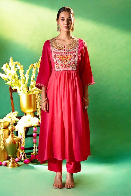 Shop_Samyukta Singhania_Red Chanderi, Shantoon Embroidery Round Neck, Split Yoke Anarkali Kurta Set 