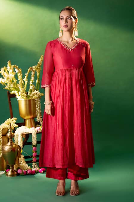 Buy Samyukta Singhania Red Chanderi Embroidery, Stones V-neck Hand Anarkali Set Online at Aza Fashions Buy_Samyukta Singhania_Red Chanderi Embroidery, Stones V-neck Hand Anarkali Set _Online_at_Aza_Fashions