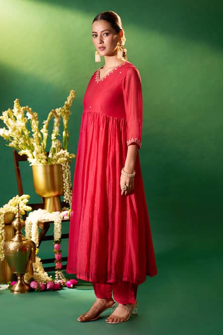 Shop Samyukta Singhania Red Chanderi Embroidery, Stones V-neck Hand Anarkali Set Online at Aza Fashions Shop_Samyukta Singhania_Red Chanderi Embroidery, Stones V-neck Hand Anarkali Set _Online_at_Aza_Fashions