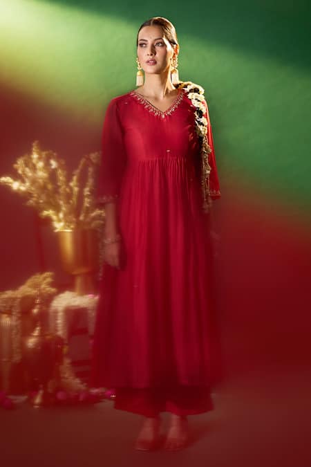 Buy Samyukta Singhania Red Chanderi Embroidery, Stones V-neck Hand Anarkali Set Buy_Samyukta Singhania_Red Chanderi Embroidery, Stones V-neck Hand Anarkali Set