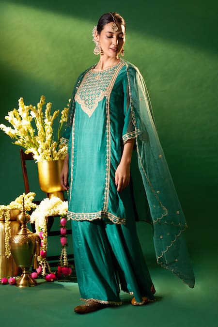 Buy Samyukta Singhania Green , , Shantoon, Embroidery, Kurta Sharara Set Buy_Samyukta Singhania_Green , , Shantoon, Embroidery, Kurta Sharara Set