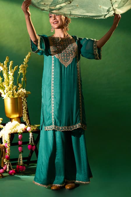 Shop Samyukta Singhania Green , , Shantoon, Embroidery, Kurta Sharara Set Shop_Samyukta Singhania_Green , , Shantoon, Embroidery, Kurta Sharara Set