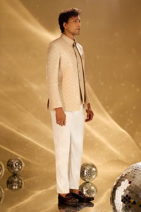 Arihant Rai Sinha Beige Silk Embroidery Floret Bandhgala Set at Aza Fashions Arihant Rai Sinha_Beige Silk Embroidery Floret Bandhgala Set _at_Aza_Fashions