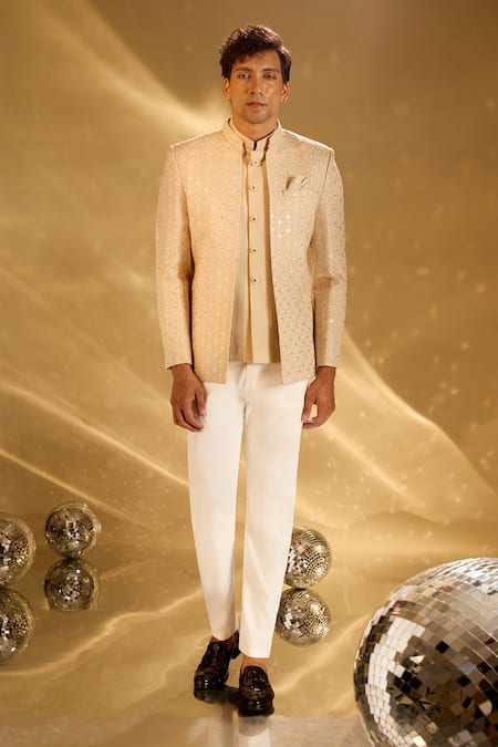 Shop Arihant Rai Sinha Beige Silk Embroidery Floret Bandhgala Set Shop_Arihant Rai Sinha_Beige Silk Embroidery Floret Bandhgala Set