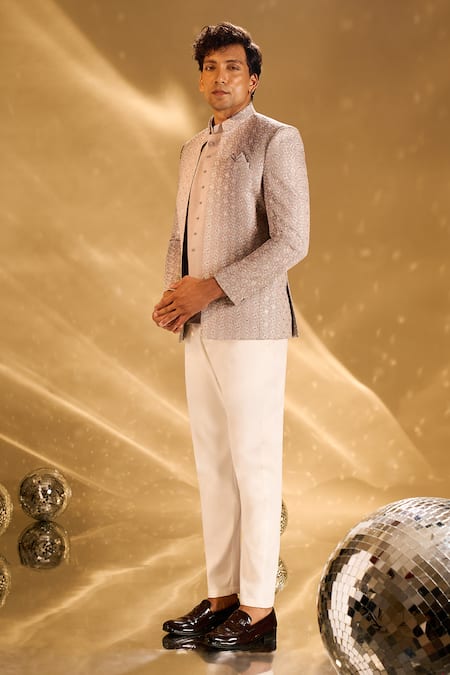 Shop Arihant Rai Sinha Gray Silk Embroidery, Sequins Floral And Bandhgala Set Shop_Arihant Rai Sinha_Gray Silk Embroidery, Sequins Floral And Bandhgala Set