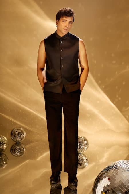 Shop Arihant Rai Sinha Black Silk Embroidery, Metallic Thread Resham Bandhgala Set Online at Aza Fashions Shop_Arihant Rai Sinha_Black Silk Embroidery, Metallic Thread Resham Bandhgala Set _Online_at_Aza_Fashions