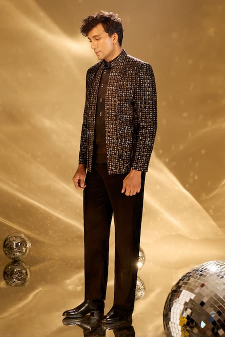 Arihant Rai Sinha Black Silk Embroidery, Metallic Thread Resham Bandhgala Set at Aza Fashions Arihant Rai Sinha_Black Silk Embroidery, Metallic Thread Resham Bandhgala Set _at_Aza_Fashions