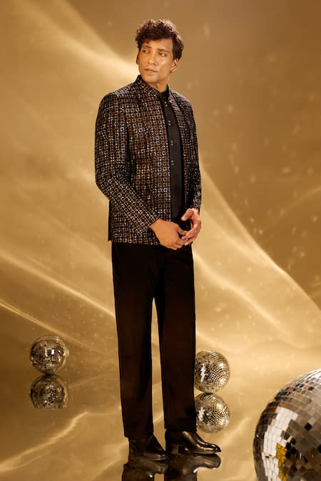 Shop Arihant Rai Sinha Black Silk Embroidery, Metallic Thread Resham Bandhgala Set Shop_Arihant Rai Sinha_Black Silk Embroidery, Metallic Thread Resham Bandhgala Set