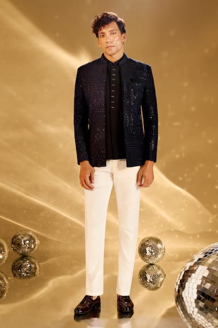 Arihant Rai Sinha Blue Rayon, Polyester Embroidery, Sequins Resham Bandhgala Set at Aza Fashions Arihant Rai Sinha_Blue Rayon, Polyester Embroidery, Sequins Resham Bandhgala Set _at_Aza_Fashions