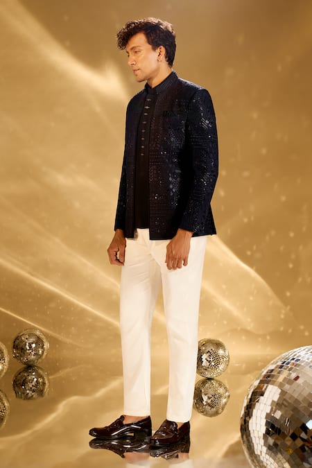 Buy Arihant Rai Sinha Blue Rayon, Polyester Embroidery, Sequins Resham Bandhgala Set Buy_Arihant Rai Sinha_Blue Rayon, Polyester Embroidery, Sequins Resham Bandhgala Set