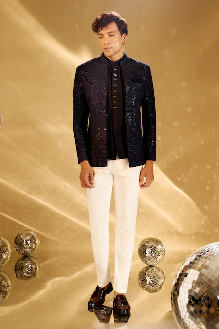 Shop Arihant Rai Sinha Blue Rayon, Polyester Embroidery, Sequins Resham Bandhgala Set Shop_Arihant Rai Sinha_Blue Rayon, Polyester Embroidery, Sequins Resham Bandhgala Set