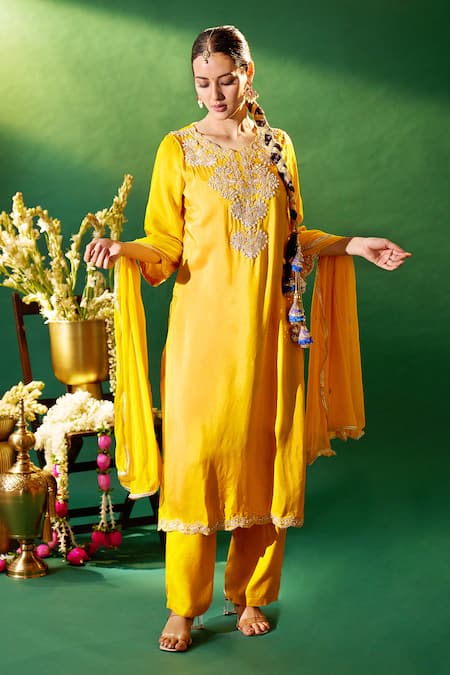 Buy_Samyukta Singhania_Mustard Silk, Shantoon, Chiffon Embroidery, Sequins, Stones, Yoke Kurta Set _Online_at_Aza_Fashions