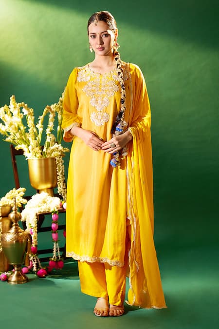 Samyukta Singhania_Mustard Silk, Shantoon, Chiffon Embroidery, Sequins, Stones, Yoke Kurta Set _at_Aza_Fashions