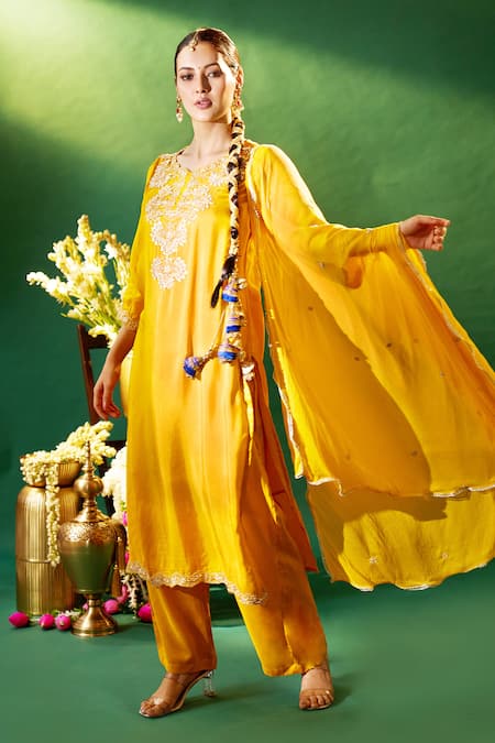 Shop_Samyukta Singhania_Mustard Silk, Shantoon, Chiffon Embroidery, Sequins, Stones, Yoke Kurta Set 