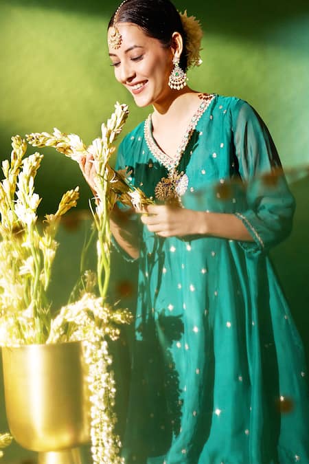 Shop Samyukta Singhania Green , , Shantoon, Sequins, Short Anarkali Salwar Set Shop_Samyukta Singhania_Green , , Shantoon, Sequins, Short Anarkali Salwar Set