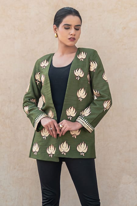 Wazir C Green Silk Embroidery, Metallic Thread Open Neck Kashmiri Tilla And Aari Jacket 
