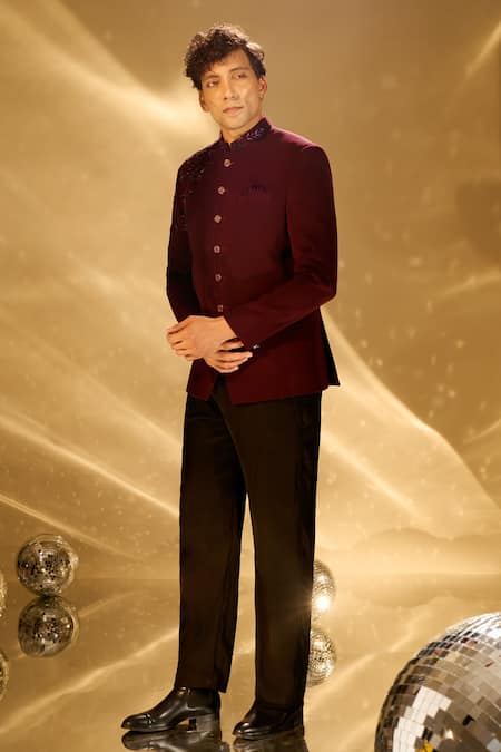 Shop Arihant Rai Sinha Wine Polyester, Rayon Embroidery, Beads Cutdana Placed Bandhgala Online at Aza Fashions Shop_Arihant Rai Sinha_Wine Polyester, Rayon Embroidery, Beads Cutdana Placed Bandhgala _Online_at_Aza_Fashions