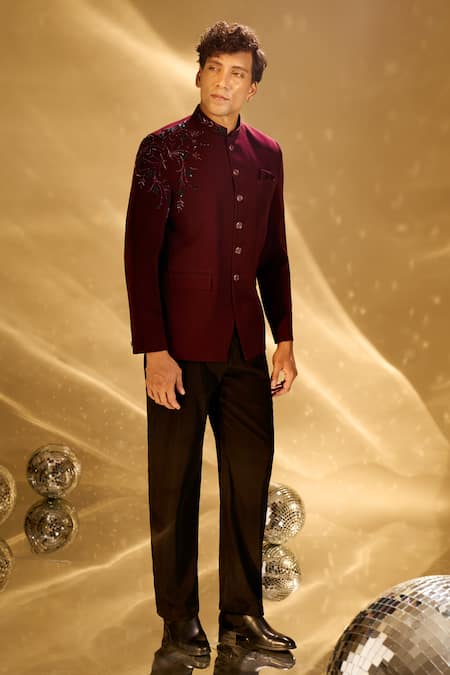 Arihant Rai Sinha Wine Polyester, Rayon Embroidery, Beads Cutdana Placed Bandhgala at Aza Fashions Arihant Rai Sinha_Wine Polyester, Rayon Embroidery, Beads Cutdana Placed Bandhgala _at_Aza_Fashions