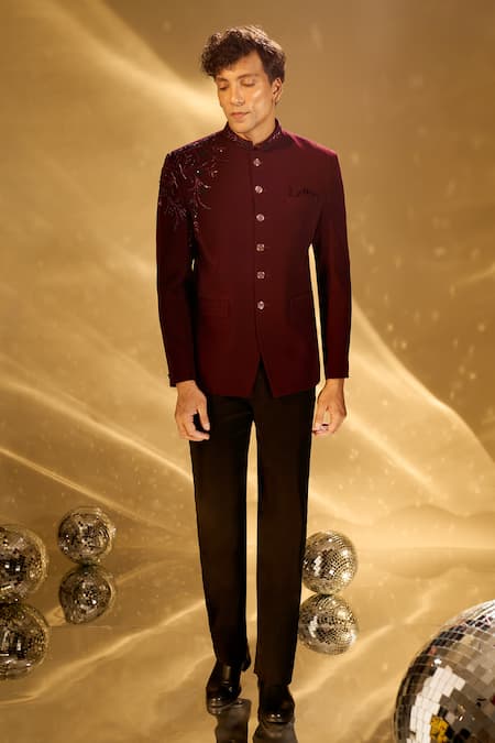 Buy Arihant Rai Sinha Wine Polyester, Rayon Embroidery, Beads Cutdana Placed Bandhgala Buy_Arihant Rai Sinha_Wine Polyester, Rayon Embroidery, Beads Cutdana Placed Bandhgala