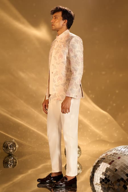 Shop Arihant Rai Sinha Cream Silk Embroidery, Studs Bandhgala Set Online at Aza Fashions Shop_Arihant Rai Sinha_Cream Silk Embroidery, Studs Bandhgala Set _Online_at_Aza_Fashions