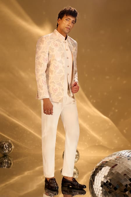 Arihant Rai Sinha Cream Silk Embroidery, Studs Bandhgala Set at Aza Fashions Arihant Rai Sinha_Cream Silk Embroidery, Studs Bandhgala Set _at_Aza_Fashions