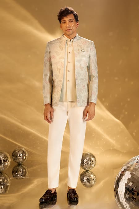 Shop Arihant Rai Sinha Green Silk Embroidery Pastel Bandhgala Set Online at Aza Fashions Shop_Arihant Rai Sinha_Green Silk Embroidery Pastel Bandhgala Set _Online_at_Aza_Fashions