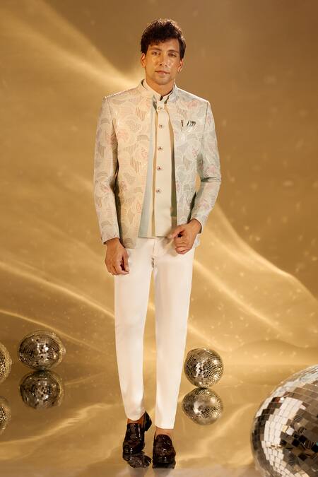 Shop Arihant Rai Sinha Green Silk Embroidery Pastel Bandhgala Set Shop_Arihant Rai Sinha_Green Silk Embroidery Pastel Bandhgala Set