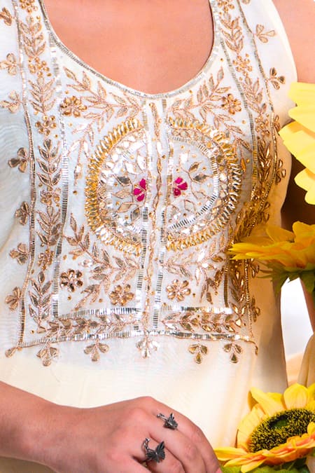Shop Amaltas Couture Off White Chanderi Embroidery, Gota Patti Round Neck Kurta Sharara Set Online at Aza Fashions Shop_Amaltas Couture_Off White Chanderi Embroidery, Gota Patti Round Neck Kurta Sharara Set _Online_at_Aza_Fashions