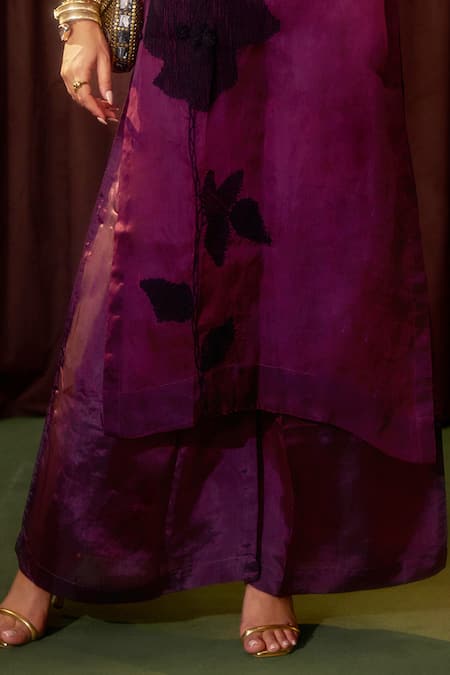 Buy_Coeur_Mauve Organza, Satin Embroidery Mandarin Collar Flore Sheer Kurta And Pant Set _Online_at_Aza_Fashions